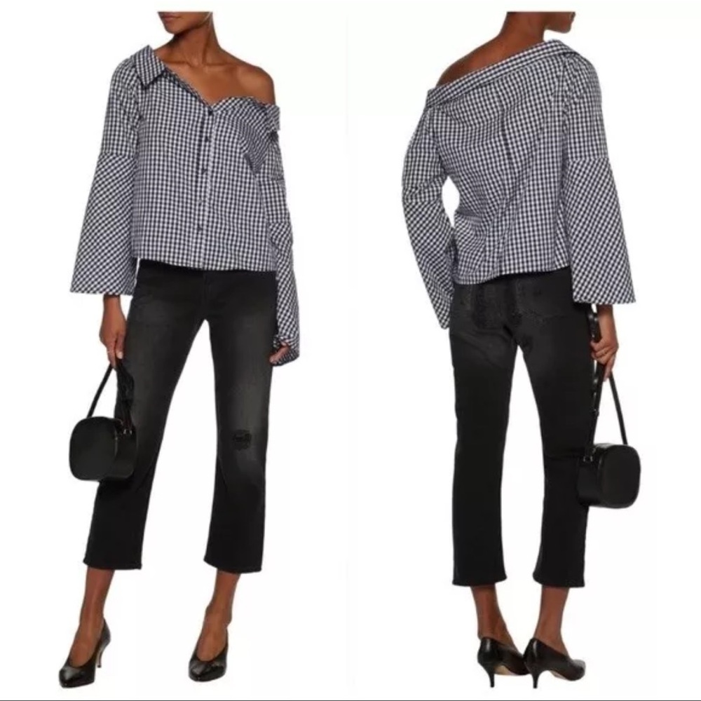 WALTER BAKER  NWT Jackson Top Gingham Off‎ The Shoulder Black White Plaid Shirt